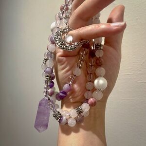 108 Bead White Jade and Amethyst Mala Necklace with Amethyst Pendant